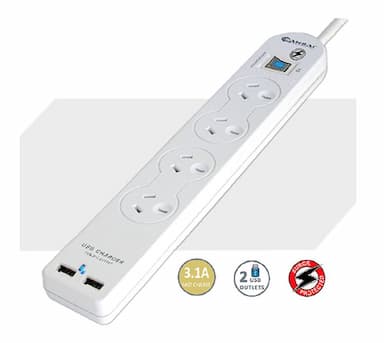 Sansai 4 Way Basic Powerboard USB Ax2 4 Outlets Master Switch Surge